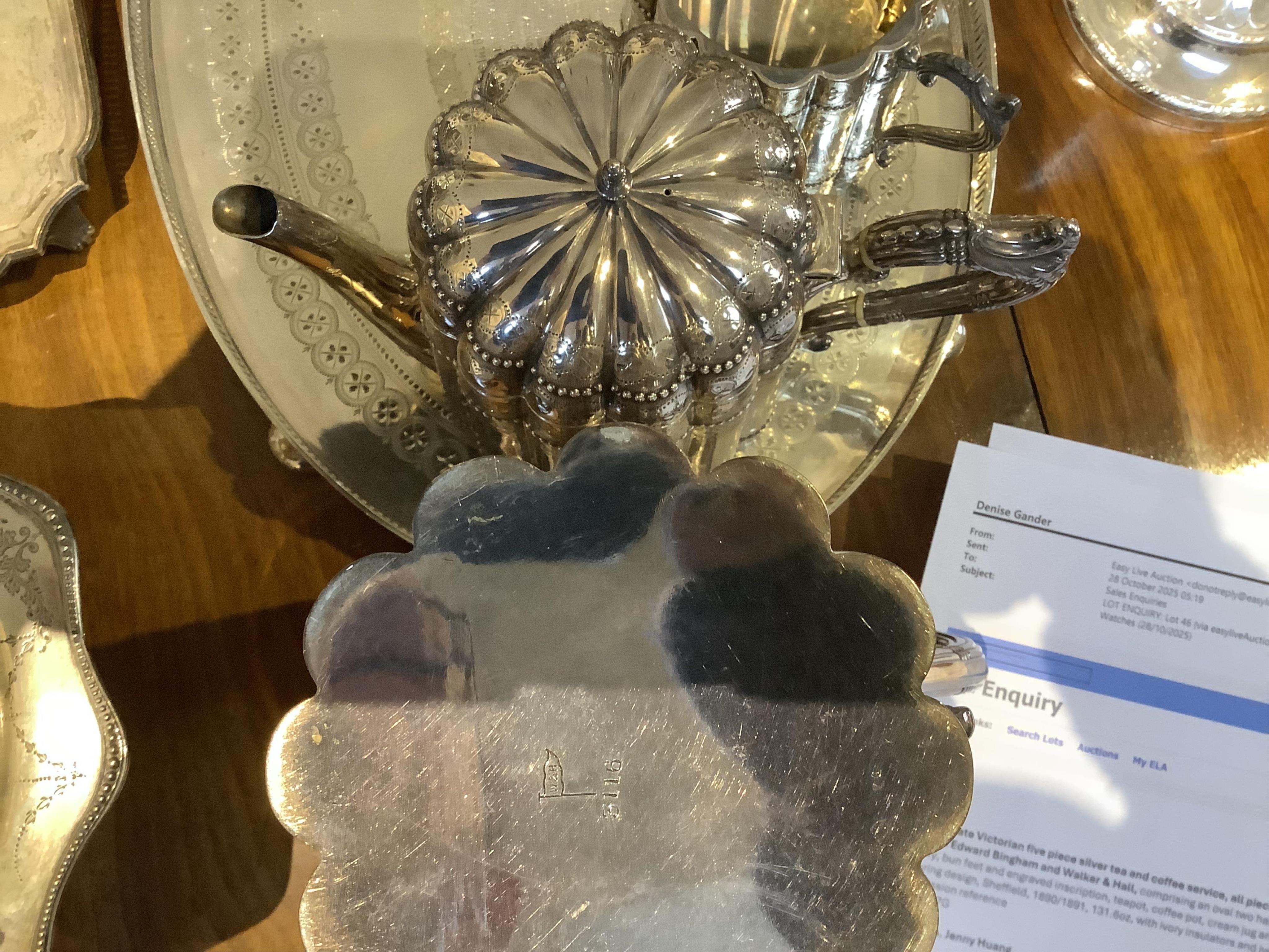 A late Victorian five piece silver tea and coffee service, all pieces with makers marks for John Edward Bingham and Walker & Hall